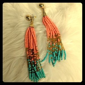 Turquoise and Coral Beaded Tassel Earrings